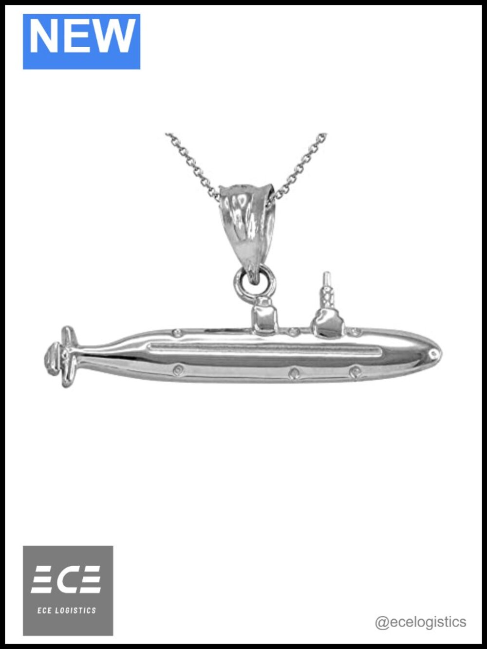 Sterling Silver Submarine Charm Pendant Necklace 18" Rolo Chain